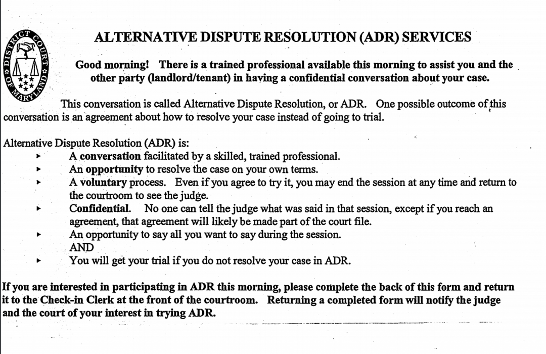 Rent Court Mediation in Maryland Eviction Innovation