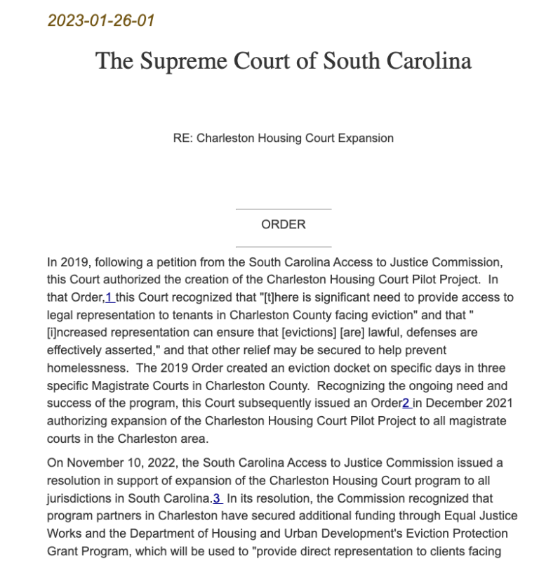 Housing Courts in Charleston, South Carolina Eviction Innovation